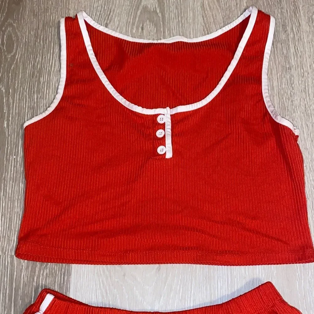 Capella Cropped Ribbed Tank and High Waisted Loungewear Shorts 2 Piece Set sz Lg